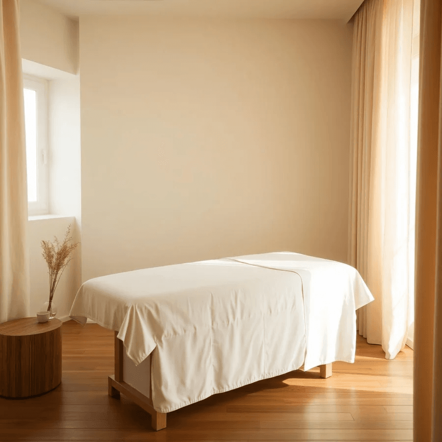 Table de massage en lin blanc, lumière du jour et rideaux beige.