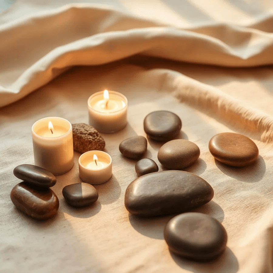 Bougies allumées et galets chauds posés sur un linge beige.