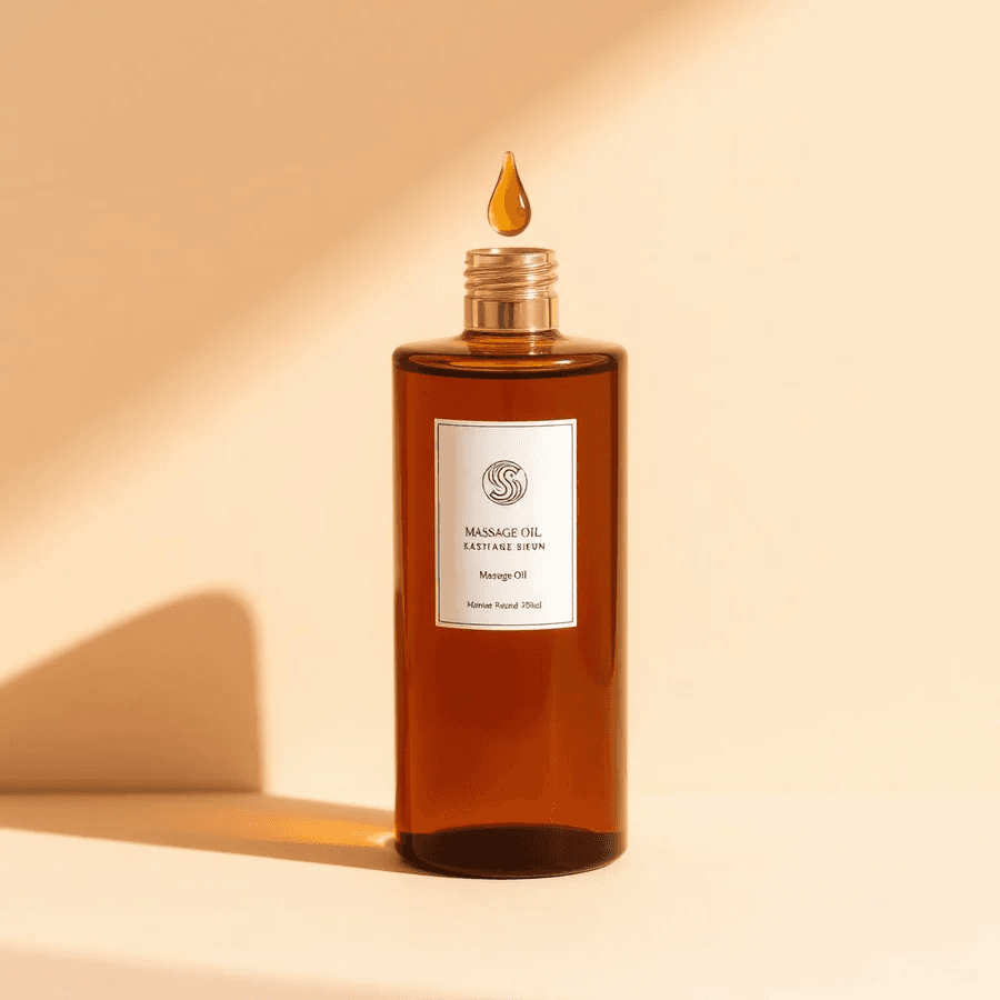 Flacon d’huile de massage ambré, goutte d’huile dorée.